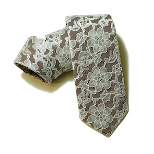 Brown linen and ivory lace mens necktie for adults with pocket square option