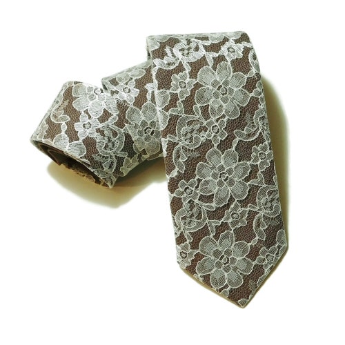 Cravate pour homme en lin marron et dentelle ivoire pour adulte avec option mouchoir de poche