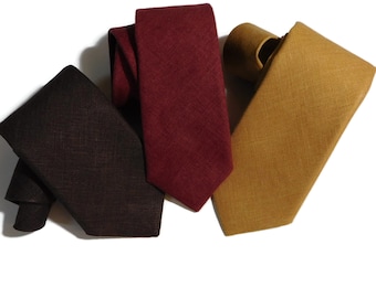 Maroon, golden caramel or dark chocolate hopsack textured linen necktie