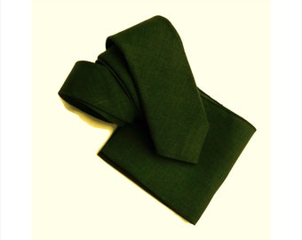 Deep moss green hopsack textured linen necktie with pocket square option; slim skinny standard linen burlap necktie