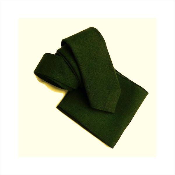 Deep moss green hopsack textured linen necktie with pocket square option; slim skinny standard linen burlap necktie