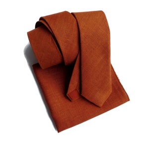 Rust hopsack textured linen necktie for adults with pocket square option, choose your width