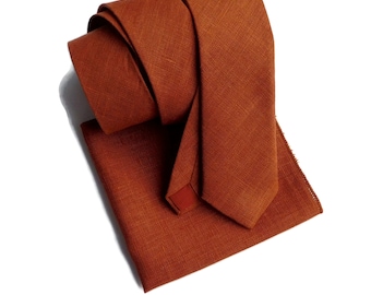 Rust hopsack textured linen necktie for adults with pocket square option, choose your width