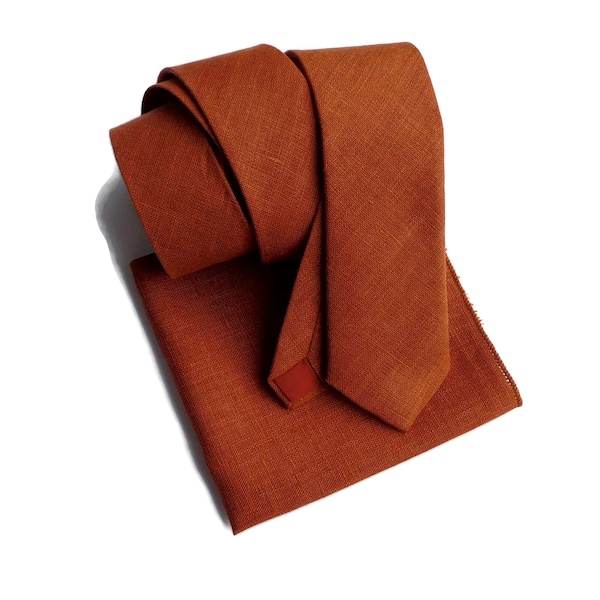 Rust hopsack textured linen necktie with pocket square option, choose your width
