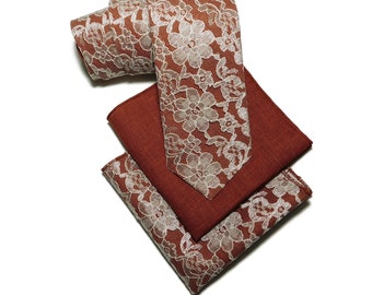 Rust linen and ivory lace necktie with pocket square options