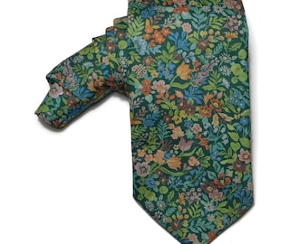 Green herb floral print standard self tie neck tie with pocket square option