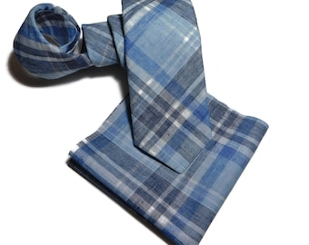 Mixed blues tartan plaid linen look necktie with matching pocket square option