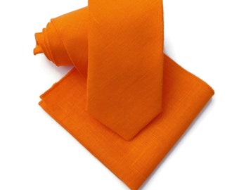 Bright orange tangelo textured linen necktie with matching pocket square option