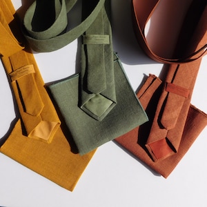 Hopsack textured linen men necktie for adults with matching pocket square rust gold sage many colors to choose
