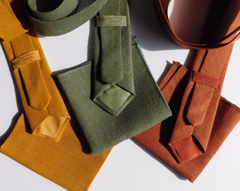 Cravate en lin texturé hopsack avec pochette de costume assortie rouille sauge, nombreuses couleurs au choix