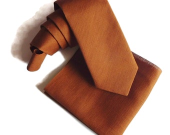 Sienna copper mansa linen look textured necktie with matching pocket square option