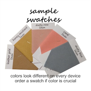 linen fabric sample swatches, dusty blue, dusty rose, coral or leather gold