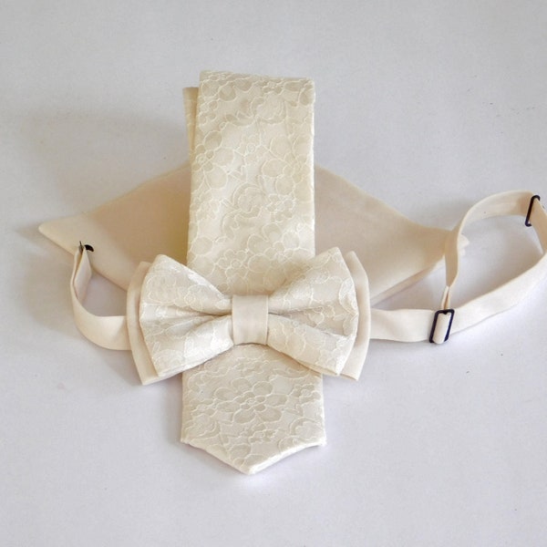 Ivory lace floral necktie, bow tie or pocket square self tied or pre-tied for all ages
