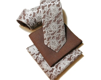 Brown linen and ivory lace necktie with pocket square option
