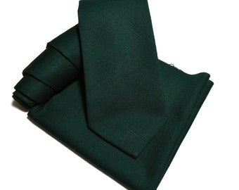 Deep forest green lino linen look textured necktie with matching pocket square option