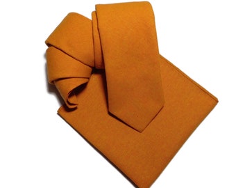 Yellow orange yarn dyed linen necktie with matching pocket square choose your width.