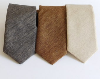 Linen neck ties. Standard or skinny brown natural or black textured linen necktie