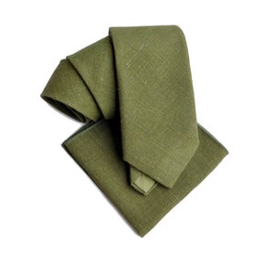Dried herb green hopsack textured linen necktie with matching pocket square option image 1