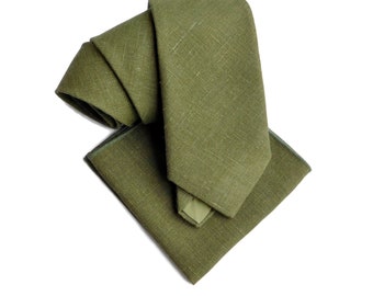 Dried herb green hopsack textured linen necktie with matching pocket square option