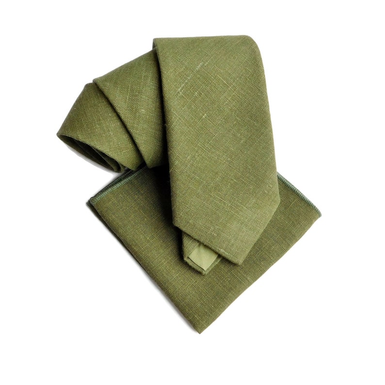 Dried herb green hopsack textured linen necktie with matching pocket square option image 3