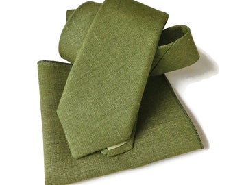 Loden sage green hopsack textured linen necktie with pocket square option