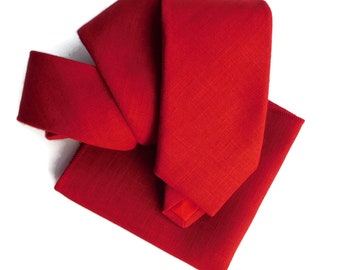 Crimson red hopsack textured linen mens necktie for adults with matching pocket square option