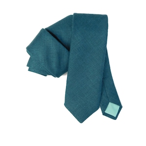Teal blue green linen necktie for adults with pocket square option for men