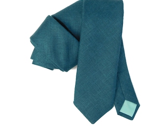 Deep teal blue green hopsack textured linen necktie with pocket square option