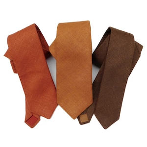 Copper, rust or potting soil brown hopsack textured linen mens tie for adults slim skinny standard linen burlap necktie