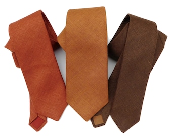 Copper, rust or potting soil brown hopsack textured linen tie slim skinny standard linen burlap necktie