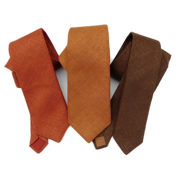 Copper, rust or potting soil brown hopsack textured linen tie slim skinny standard linen burlap necktie