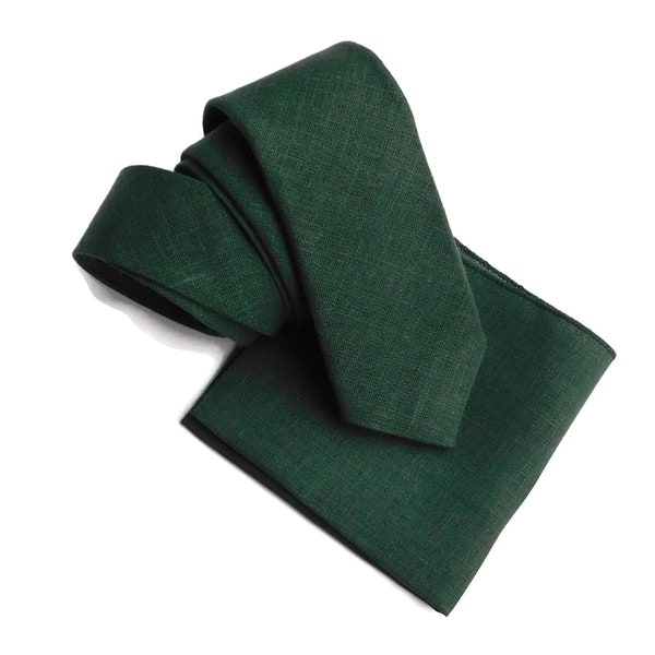 Dark green hopsack textured linen necktie with matching pocket square