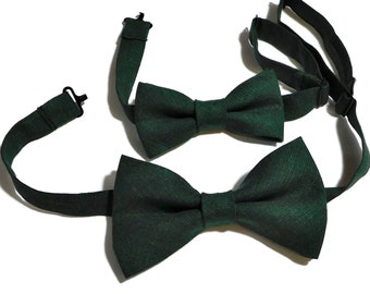 Dark green hopsack linen pre-tied bowties for adults, youth and toddlers, you choose.