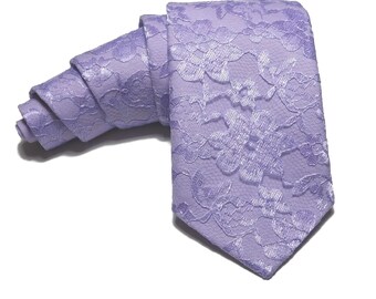 Lavender light purple floral lace traditional necktie with pocket square option for adults