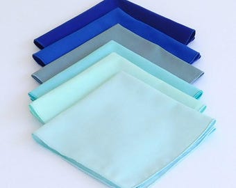 Blue pocket squares, dusty slate, sky blue, ice blue, royal, aqua, and light navy cotton pocket handkerchiefs