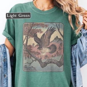 May include: A light green t-shirt with a vintage-style illustration of a hawk flying over a mountain landscape. The illustration is in shades of brown, pink, and blue.
