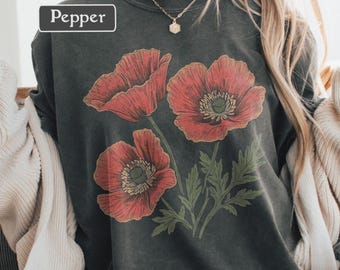 T-shirt klaproos vintage bloem grafisch T-shirt dames boho natuur grafisch T-shirt wilde bloemen top Cottagecore tuin cadeau comfort kleuren