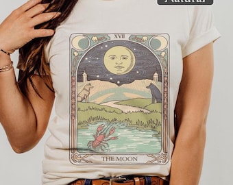 The Moon Tarot Card T-Shirt - Bella Canvas, Mystical Vintage Tarot Tee, Art Nouveau Style, Celestial Graphic Shirt, Esoteric Boho Moon Shirt