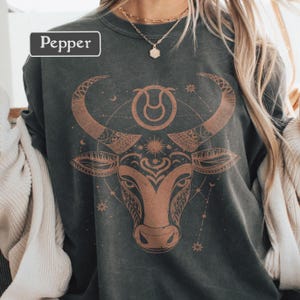 Taurus Zodiac Shirt - Vintage Astrology Graphic Tee, Trendy Celestial Bull Horoscope T-Shirt, Boho Star Sign Comfort Colors Pepper Color Top