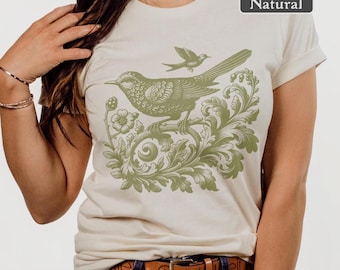 Boho Bird Shirt, Vintage Bella Canvas Tee, Cottagecore Bird T-Shirt, Floral Folk Art Graphic, Nature Lover Gift, Bohemian Botanical Top