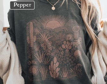 Camiseta con estampado de atardecer en el desierto, camiseta gráfica del suroeste, camiseta boho western, camiseta con estampado de cactus y sol en colores suaves, camiseta gráfica con estampado de paisaje natural
