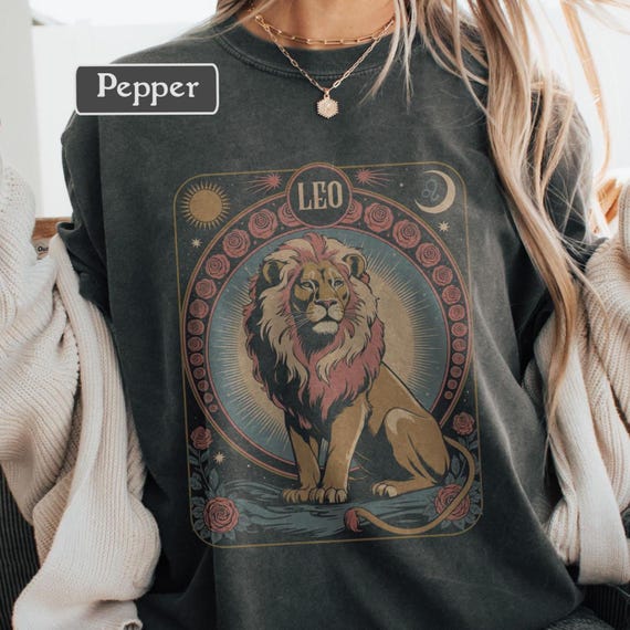 Leo Zodiac Shirt Astrology Tee Horoscope T-Shirt Star Sign Leo Gift Tarot Style Mystic Celestial Comfort Colors Vintage Alphonse Mucha Style