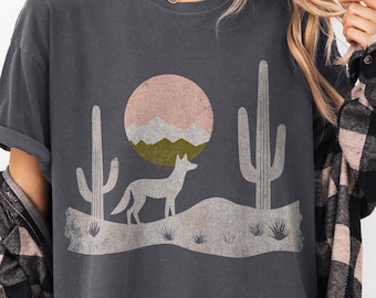 Arizonaöknen T-shirt Coyote Desert Cactus T-shirt Sydvästlig Grafisk T-shirt Komfortfärger T-shirt Sydvästlig Stil Söt Damt-shirt Vintage