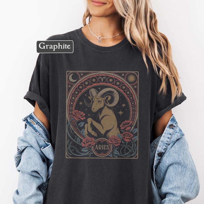 Aries Zodiac T-Shirt - Astrology Shirt for Aries Sign, Star Sign Tee, Aries Gift, Mystic Graphic Tee, Celestial Shirt Alphonse Mucha Style image 3