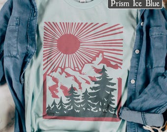 Pacific Northwest T-Shirt, Boho Mountain Tee, Bella Canvas T-Shirt, Retro Sunburst Nature Graphic Top, Outdoorsy National Park Style Gift