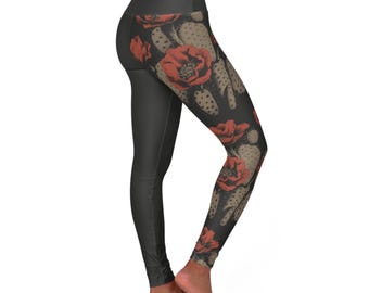 Boho Yoga Pants, Asymmetrical Boutique Statement Leggings, Desert Floral Leggings, High Waisted Cactus Flower Yoga Leggings Women