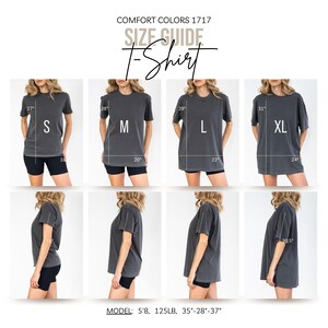 May include: Size guide for a Comfort Colors 1717 t-shirt. The image shows a model wearing a gray t-shirt in sizes S, M, L, and XL. Measurements are provided in inches for each size, including chest and length. The model is 5'8" and 125 lbs.