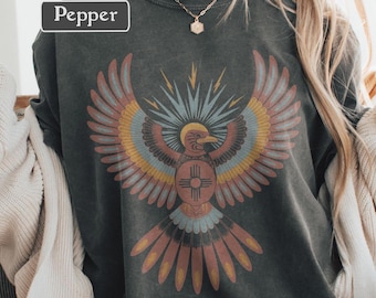 Thunderbird Graphic Tee - Southwestern Vintage Style Eagle Comfort Colors Shirt, Retro Boho Aesthetic Unisex Women's Men's Festival Outfit