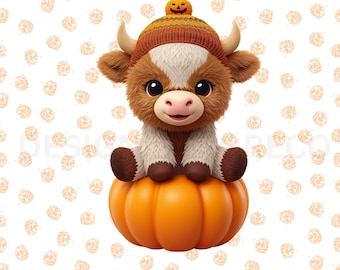 3D Highland Cow Pumpkin PNG | Halloween Shirt Design (Digital Download)