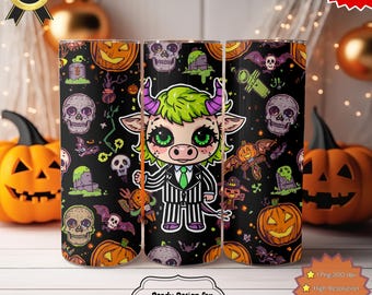 Beetlejuice Cow Halloween Tumbler Wrap PNG – Spooky Pumpkin Design (Digital Download)